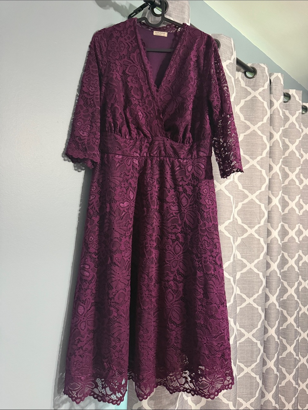 Kiyonna Plum Lace Midi Dress with Three-Quarter Sleeves